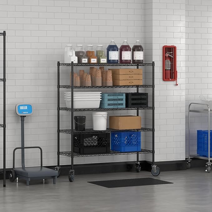 Commercial NSF Listed Black Epoxy Mobile Wire Shelving Kit 18" x 48" x 60", with 5 Shelves Perfect for Warehouse, Walk-in Refrigerator, Freezer, Grocery Store, Restaurant, Dishroom