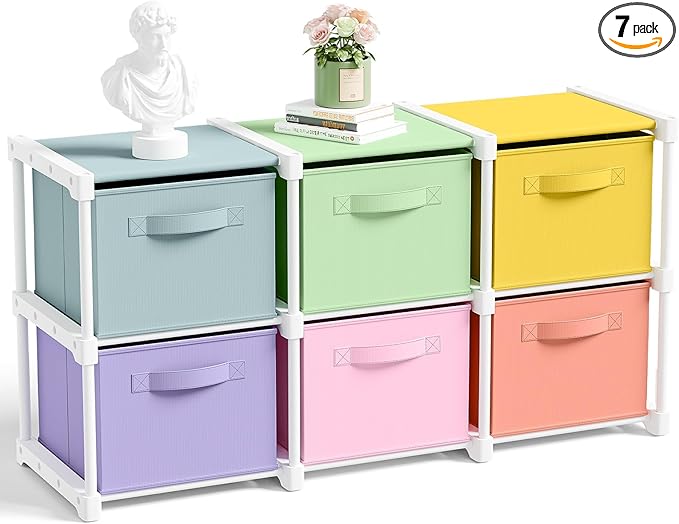 Thyle Large Cube Storage Organizer Shelf with 6 Bins 14 Inch Fabric Collapsible Cubby Storage Drawers Shelving Unit for Christmas Ornaments Clothes Toys Craft(Pastel,Colorful)