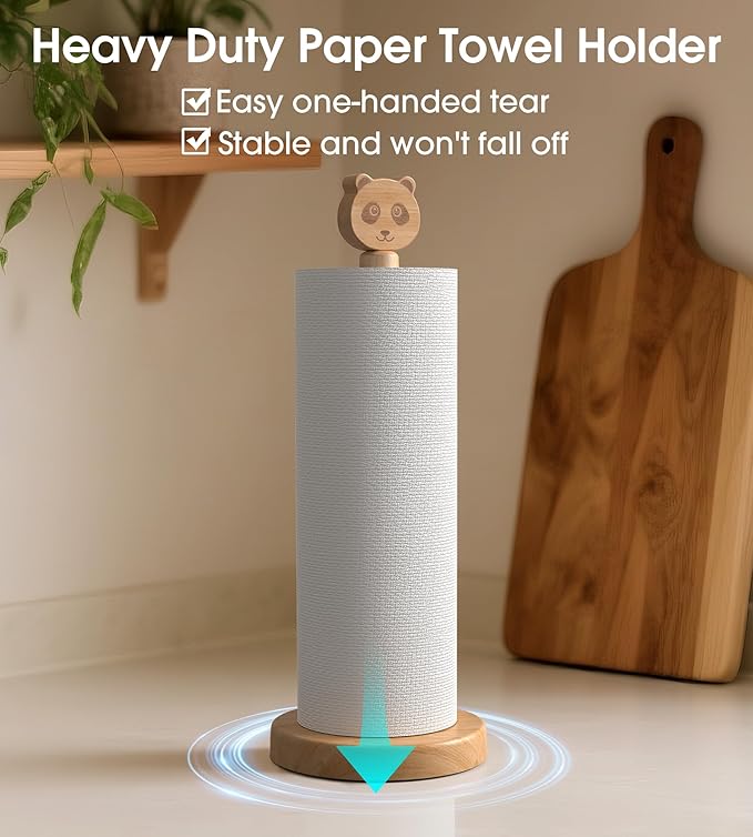 Cute Wooden Paper Towel Holder Stand - Kitchen Paper Hanger Rack Bathroom Towel Roll Stand Organizer Simply Standing Countertop Paper Roll Holder, Panda