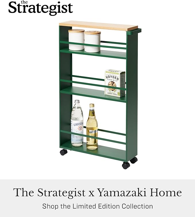 YAMAZAKI Home Slim Rolling Storage Cart – Narrow Kitchen Storage Cabinet with Handle, Slim Storage Cart with Wheels, Easy Assembly, 32" - Steel -