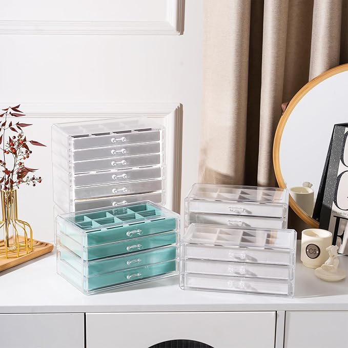 Lolalet Earring Holder Organizer Box Jewelry Storage with 6 Drawers, Clear Acrylic Stackable Earring Case with Adjustable Velvet Trays for Women on Dresser Vanity -Aqua, 6 Layers