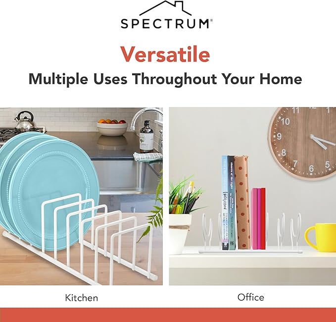 Spectrum Euro Cutting Board Holder Stand for Countertop or Inside Kitchen Cabinet Organization Matte White, 8 Slot Cutting Board Drying Rack or Cabinet Plate Bakeware Storage Organizer