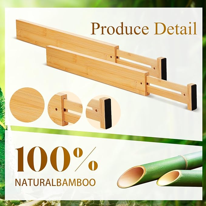 Sawysine 12 Pcs Bamboo Drawer Dividers Adjustable Drawer Organizers Spring Separators Organization Expandable Organizers for Kitchen Bedroom Bathroom Dresser Office (Natural Color,17 x 2.4 Inches)