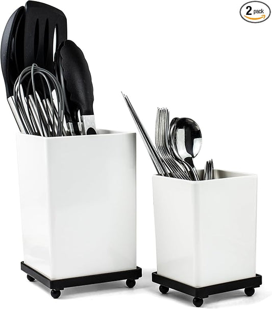 Tiered Counter Utensil Holder Set with 6.5" & 4.7" Removable Drainage Bins, Dual Kitchen Utensil Crock for Cooking Dining Utensils & Spatulas, White