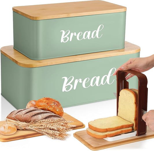 2 Pcs Extra Large Bread Box with Slicer, Metal Farmhouse Bread Storage Container with Bamboo Cutting Board Lids Multi-size Breadbox Set for Kitchen Countertop (Sage Green)