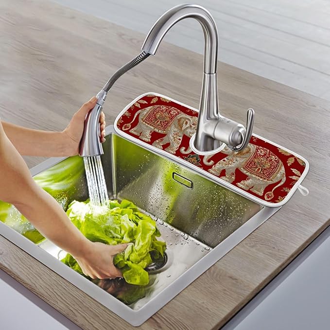 2 PCS Kitchen Sink Splash Guard 30 Inch Faucet Mat for Kitchen Sink Bathroom Sink Faucet Absorbing Drip Drain Mat Pad Microfiber Soft Washable Retro Red Elephant Flowers