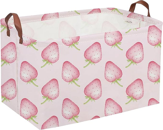 Sanjiaofeng Rectangular Kids Basket Pink Storage Bins,Strawberry Storage Basket with Handles.Clothers,Books,Kid's Gifts Bins. (Pink strawberry)