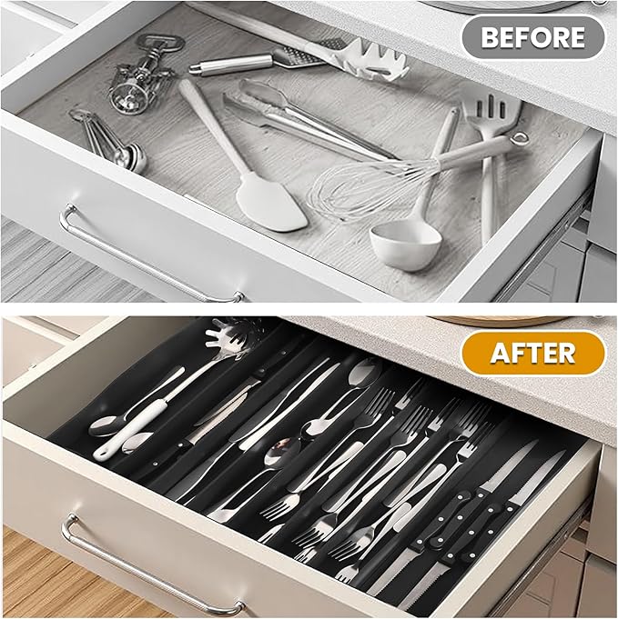 Silicone Silverware Drawer Organizer, Expandable Utensil Tray (3.9-22.4" W, 14.9" D, 1.9" H), 8-Compartment Cutlery Holder with Knife Section, BPA-Free, Non-Slip, Black