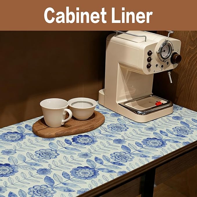 Vuacepe Drawer and Shelf Liner for Kitchen Cabinets Non-Adhesive Strong Grip Floral Shelf Liner Non-Slip Waterproof Blue Flower Drawer Liner for Cupboard Shelves Easy to Clean Cabinet Liner 12IN×10FT