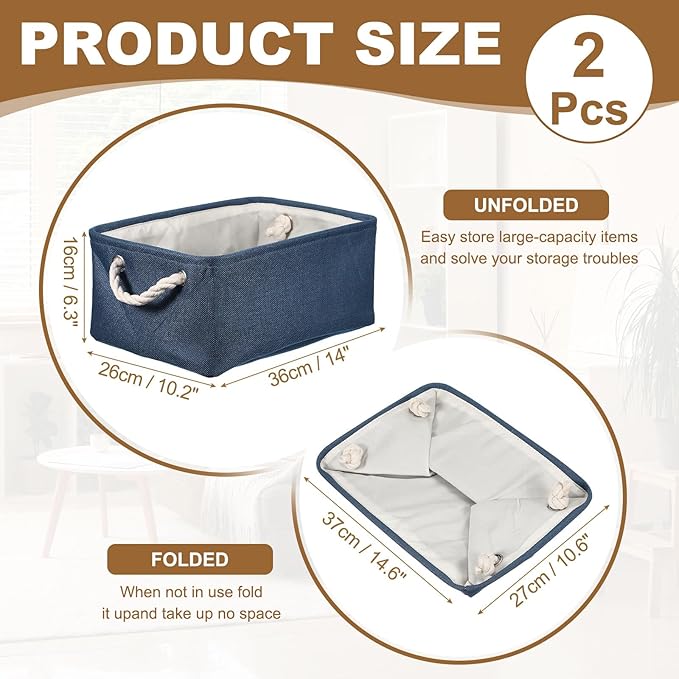 uxcell 2Pcs Fabric Storage Bins, 14 x 10.2 x 6.3 Inch Foldable Storage Cubes with Rope Handles Collapsible Bins Baskets for Home Office Shelves Closet Clothes Books Organizing, Dark Blue