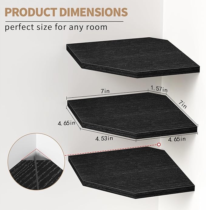 Corner Shelf Wall Mount, Floating Corner Shelves, Set of 3 Corner Wall Shelf Organizer, Rustic Wood Wall Storage Display Shelves for Living Room Bedroom Bathroom Kitchen, Classic Black