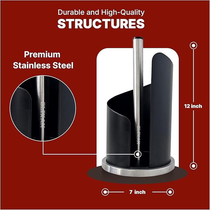 Stainless Steel Paper Towel Holder Countertop, Modern Spiral Cover Design,Keep Paper Towel Clean,Weighted Base for Stability, Freestanding Easy One-Handed Operation for Kitchen Bathroom (Black)