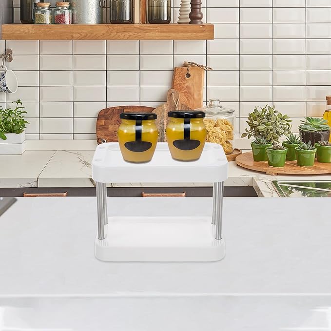 Tabletop Spice Rack Organizer with 3-Tier Storage, White Plastic Kitchen Countertop Shelf for Salt Jar and Condiment Bottle Holder, Home Kitchen Counter Storage Solution