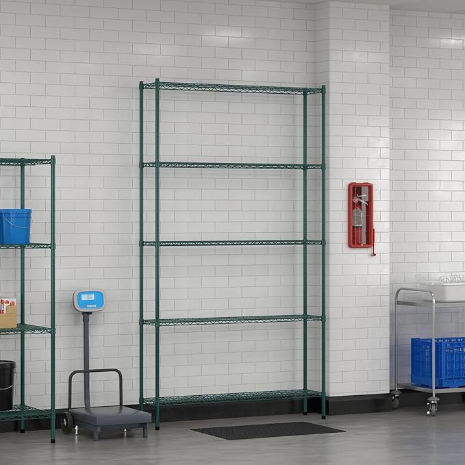 Commercial NSF Listed Green Epoxy Stationary Wire Shelving Kit 12" x 54" x 96", with 5 Shelves Perfect for Warehouse, Walk-in Refrigerator, Freezer, Grocery Store, Restaurant, Dishroom