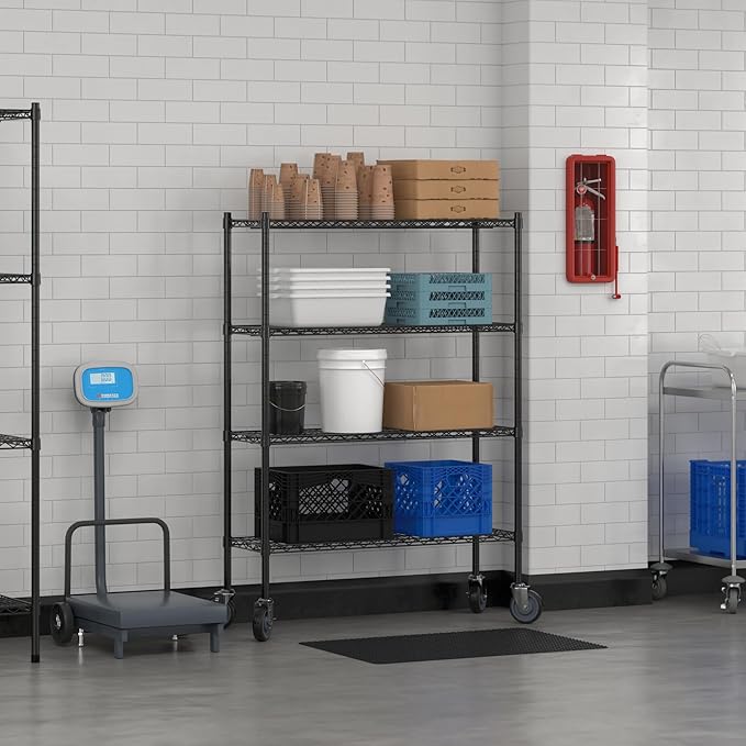 Commercial NSF Listed Black Epoxy Mobile Wire Shelving Kit 14" x 42" x 60", with 4 Shelves Perfect for Warehouse, Walk-in Refrigerator, Freezer, Grocery Store, Restaurant, Dishroom