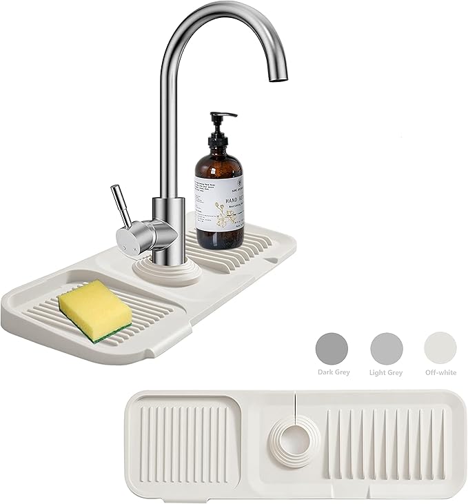 MOODKEY Kitchen Sink Splash Guard Sponge Holder for Kitchen Sink Silicone Faucet Handle Drip Catcher Tray Sink Protector for Kitchen Sink Faucet Mat Fits the Faucet Tube within 2.5"(Off-white, 17.7'')