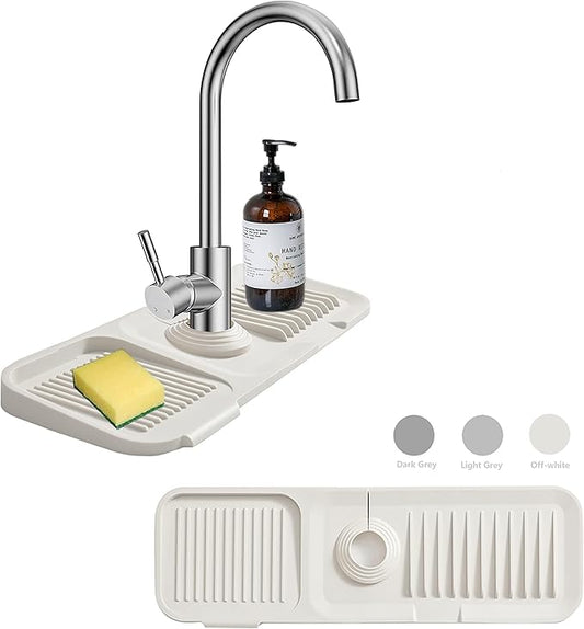 MOODKEY Kitchen Sink Splash Guard Sponge Holder for Kitchen Sink Silicone Faucet Handle Drip Catcher Tray Sink Protector for Kitchen Sink Faucet Mat Fits the Faucet Tube within 2.5"(Off-white, 17.7'')