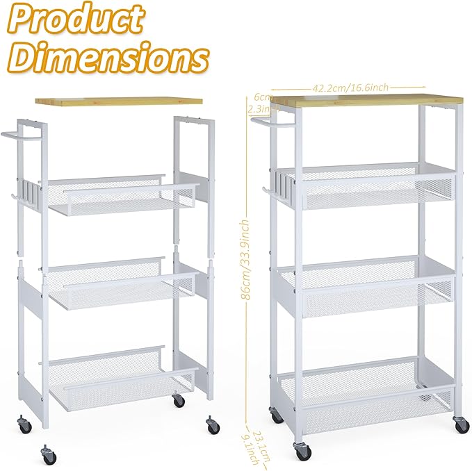 Slim Rolling Utility Cart, 4 Tier Metal Narrow Storage Cart with Handle and Wood Top, Multifunctional Small Mobile Shelf Unit Organizer Trolley for Laundry, Bathroom, Kitchen