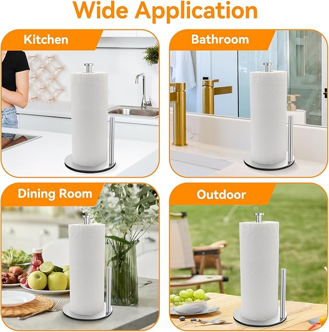 Paper Towel Holder for Kitchen, Countertop Paper Towel Holder, Silver Stainless Steel Paper Roll Holder, Weighted Paper Towel Stand for Standard and Large Size Rolls