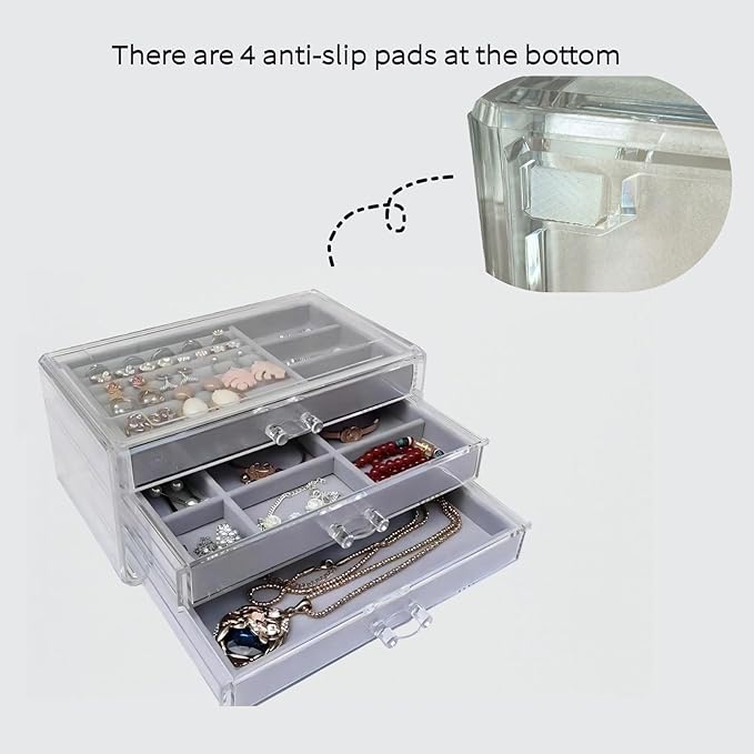 Clear Jewelry Organizer with 3 Drawers, Earring Organizer Jewelry Boxes for Women, Acrylic Earrings Display Holder for Storing Necklaces Earrings Rings, Grey