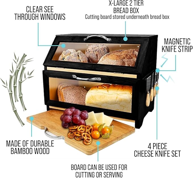 Extra Large Bread Box with Cutting Board & Knife Set | 7 Piece Set | Bamboo Breadbox | Bread Boxes for Kitchen Countertop | Bread Storage Container| Assembly Required (New Black)
