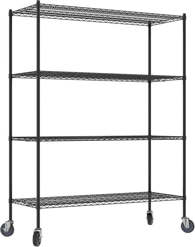 Commercial NSF Listed Black Epoxy Mobile Wire Shelving Kit 24" x 60" x 80", with 4 Shelves Perfect for Warehouse, Walk-in Refrigerator, Freezer, Grocery Store, Restaurant, Dishroom