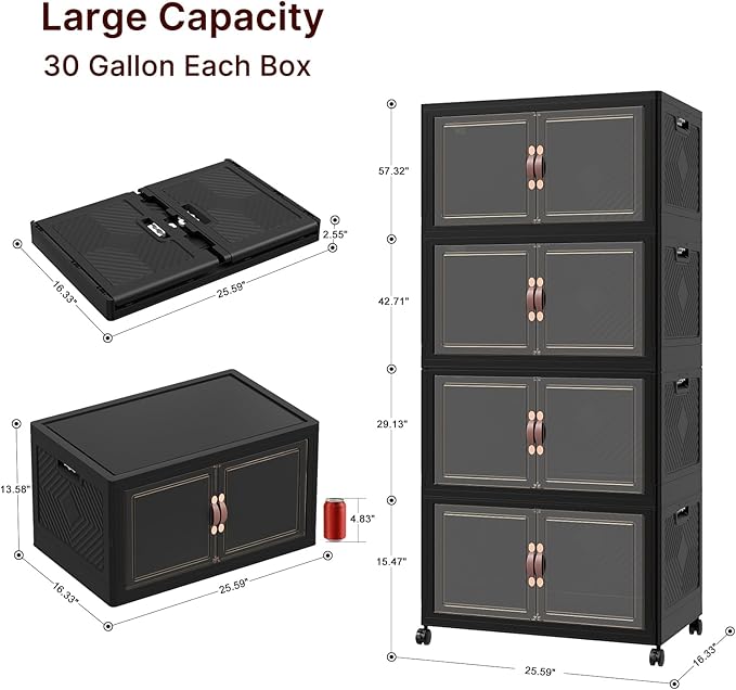 VNVTO 480Qt Stackable Storage Bins with Lids, 4 Pack Large Collapsible Bins with Wheels, Plastic Cabinet with Doors, Foldable Closet Organizers and Storage for Home, Dorm, Office, Black