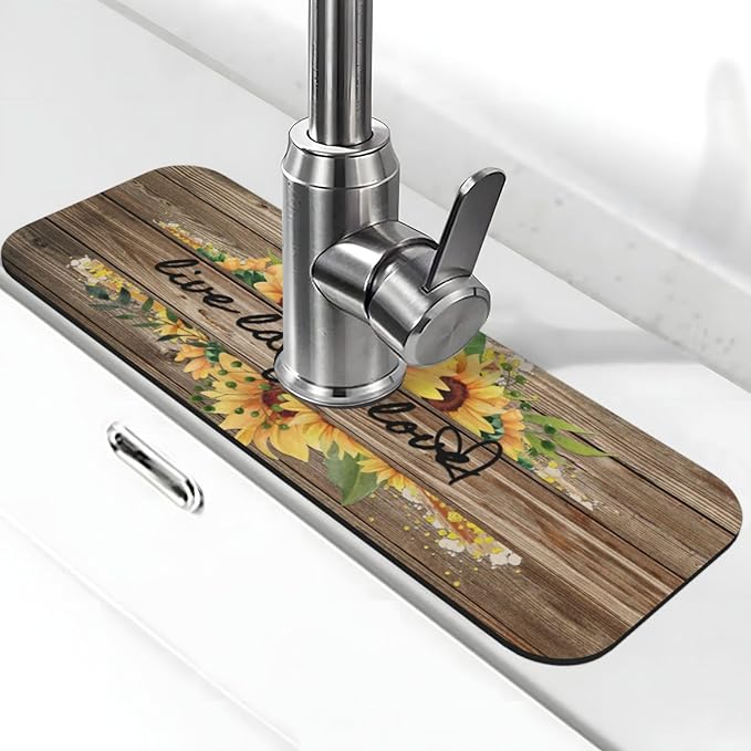Sunflower On Board Rustic Yellow Summer Fall Live Laugh Love Kitchen Sink Splash Guard Faucet Mat 1 Pcs, Absorbent Fast Drying Mat Gadgets Splash Guard For Bathroom 15 X 5.5 Inches
