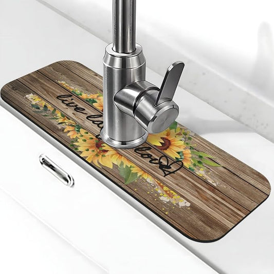 Sunflower On Board Rustic Yellow Summer Fall Live Laugh Love Kitchen Sink Splash Guard Faucet Mat 1 Pcs, Absorbent Fast Drying Mat Gadgets Splash Guard For Bathroom 15 X 5.5 Inches