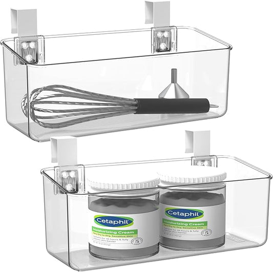 vacane 2 Pack Plastic Over Cabinet Door Organizer with Removable Hooks, Clear Hanging Baskets for Organizing Over the Cabinet Organizer Holder for Kitchen, Bathroom-Hang Outside or Inside Door-M