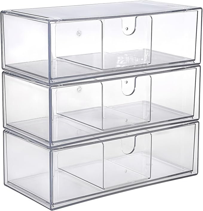 Hipiwe Acrylic Storage Drawers 3-Tier Stackable Bathroom Makeup Organizer Cotton Swabs Qtip Holder for Vanity Cosmetics Clear Desktop Organizer with Removable Dividers, 8.1"Lx 3.9"Wx7.8"H