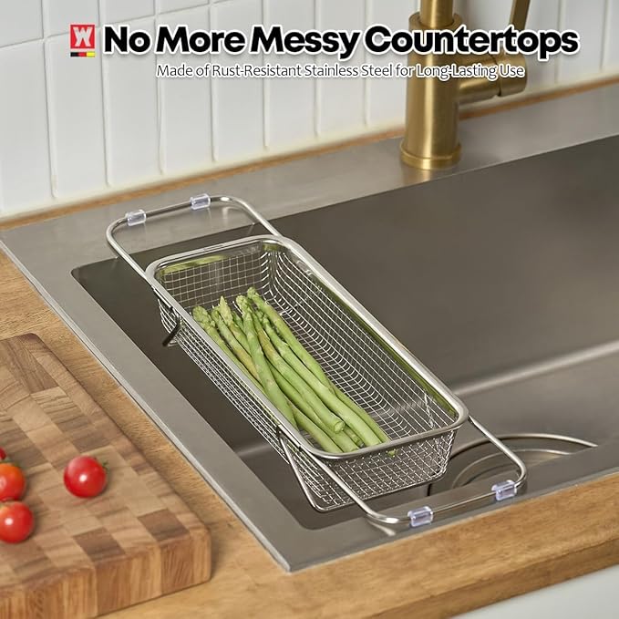Extendable Dish Rack with Feet, Vegetable Colander Basket, Stainless Steel Dish or Silverware Drying Rack, Ultimate Kitchen Organizer Over The Sink (12.40 x 5.12 x 2.36 Inches)