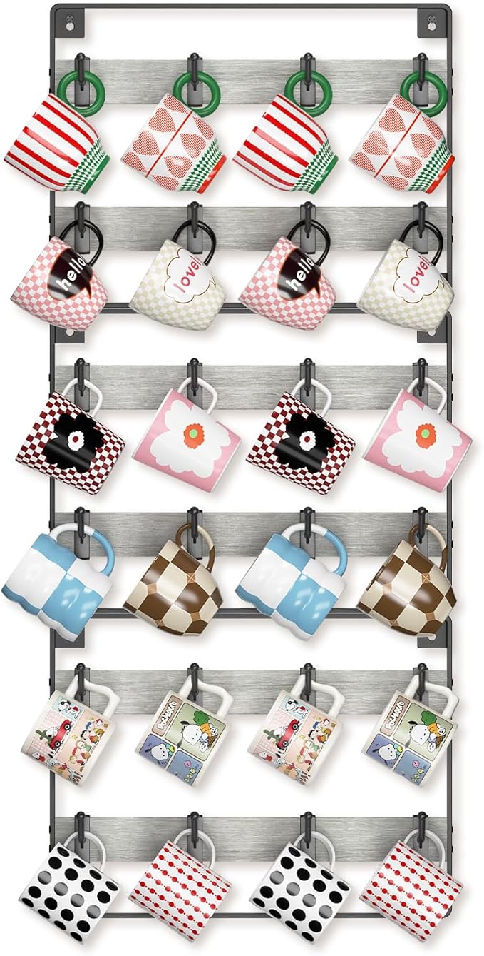 EsLuker.ly Mug Holder Hanger Rack Wall Mounted Wooden 3 Pack Coffee Cup Storage Organizer Display Shelf with 24 Removable Plastic Hooks, Ideal for Mug Collectors, Light Grey-Black
