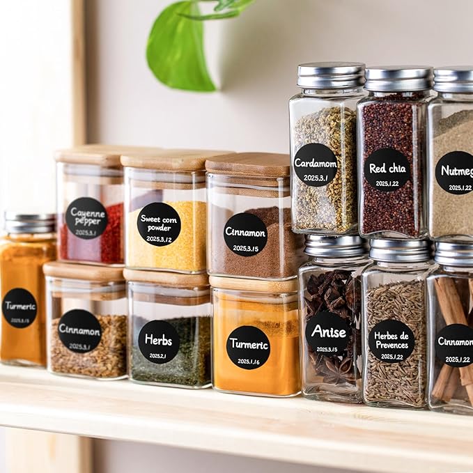 Segarty Chalkboard Labels, 216 Pcs Blank Circle Labels with 1 White Chalk Marker for Spice Jars, Waterproof Black Label Stickers for Food Containers, Glass Mason, Bottle, Kitchen Organization