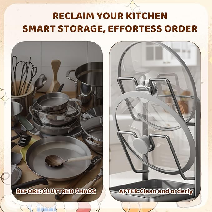 Kitchen Pot Lid Storage Rack, Pot Lid Organizer, Pot Lid Holder U-Groove Carbon Steel With Drip Tray