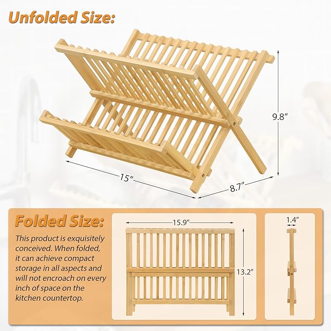 Bamboo Dish Drying Rack, Collapsible 2-Tier Dish Drainer Kitchen Plate Rack for Kitchen Countertop Foldable