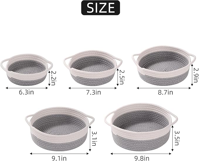 Small Storage Woven Baskets Shelves Natural Cotton Rope Bins with Handle Toilet Tank Paper for Countertop Cute Gifts Organizing Mini Nursery 5 Set box (White & Gray)