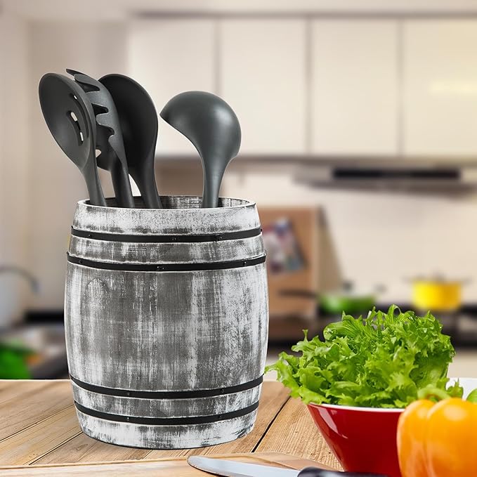 Rustic Dark Stone Gray Wood Utensil Crock Wine Barrel Kitchen Organization Countertop Holder Black Metal Cooking Tools Culinary Gadgets Compact Storage Vintage Wooden Organizer Home Restaurant