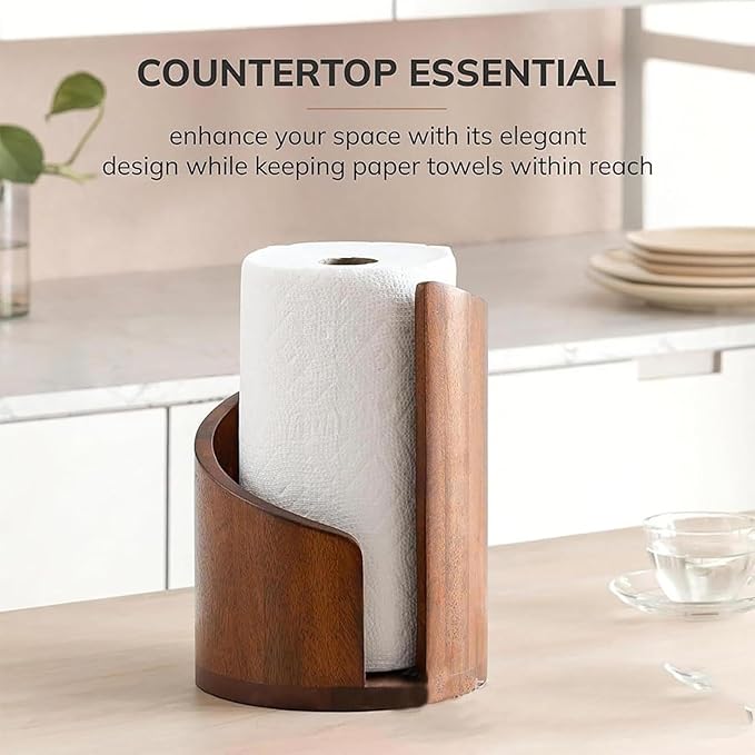 Countertop Paper Towel Holder Kitchen Roll Dispenser Wood Anti Slip Standing Paper Roll Holder for Farmhouse Bathroom Hotel