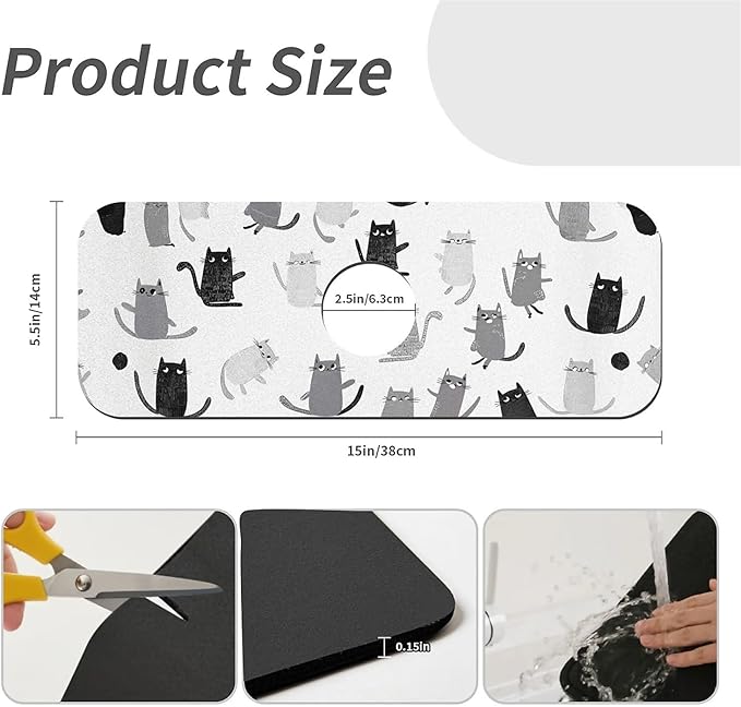 Kitchen Sink Splash Guard，Cute cartoon cat Faucet Mat Sink Gadgets-Super Absorbent Fast Drying Mat Drip Catcher for Kitchen, Bathroom,Sink Mat, Dish Drying Mat, Bathroom(15" X 5.5" )