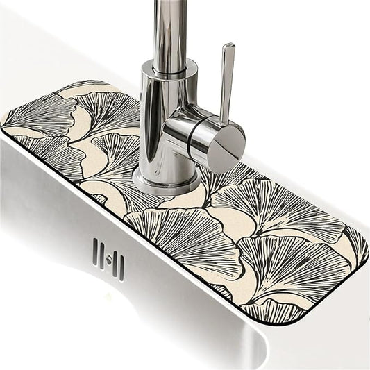 Kitchen Sink Splash Guard，Line ginkgo leaves Faucet Mat Sink Gadgets-Super Absorbent Fast Drying Mat Drip Catcher for Kitchen, Bathroom,Sink Mat, Dish Drying Mat, Bathroom(15" X 5.5" )