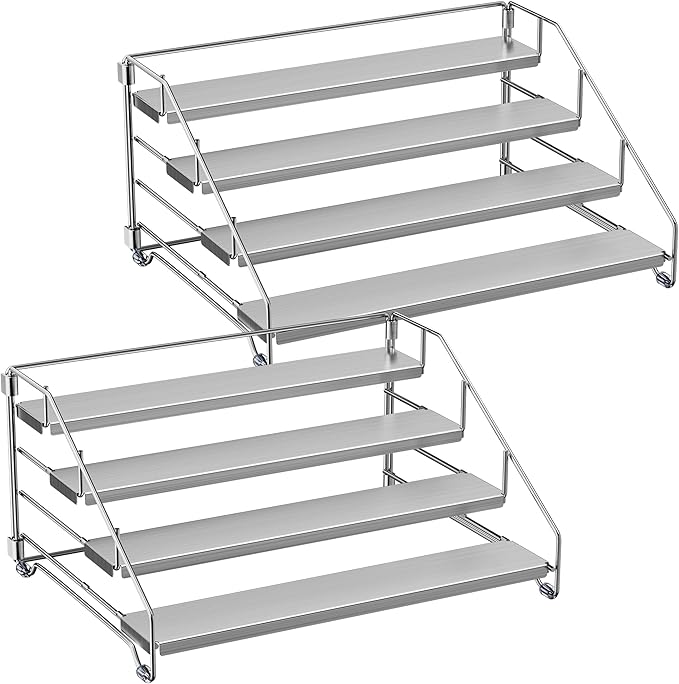 BOIVSHI Heavy Duty Spice Rack for Cabinet, Space Saving 4 Tier Spice Organization for Cabinet, Adjustable Depth Spice Shelf for Cabinet, Counter, Pantry - Chrome, 2 Pack