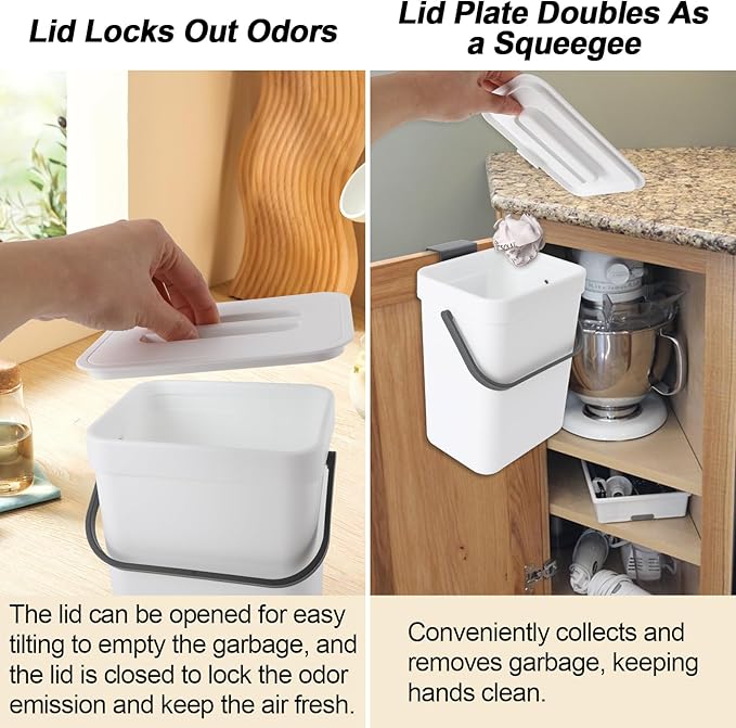 Compost Bin Kitchen, Includes 100 Trash Bags, Hanging Trash Can with Lid, Features Pet-Proof, Odor-Proof, and Quiet Opening/Closing. Suitable for Bathrooms/Bedrooms/Offices (White, 1.3Gal/5L)