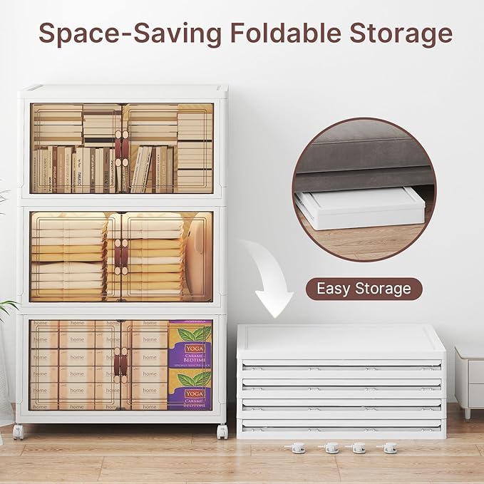 VNVTO 360Qt Stackable Storage Bins with Lids, 3 Pack Large Collapsible Bins with Wheels, Plastic Cabinet with Doors, Foldable Closet Organizers and Storage for Home, Dorm, Office, White