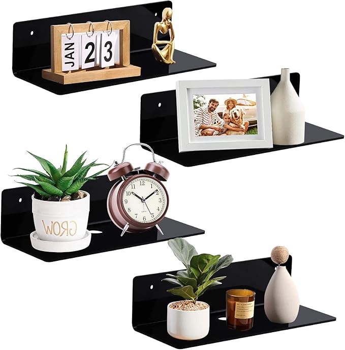 luium 9 Inch Acrylic Floating Shelf No Drill Adhesive Wall Shelf Set of 4 for Funko Pop Storage, Floating Shelves Damage-Free Expand Wall Space for Living Room, Bathroom, Gaming Room, Office - Black