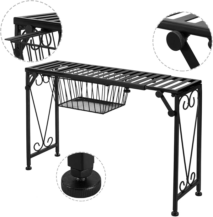MyGift Over Sink Shelf with Pull Out Drawer, Expandable Black Metal Kitchen Over The Sink Shelf Rack, Bathroom Storage Shelf Riser with Scrollwork Design
