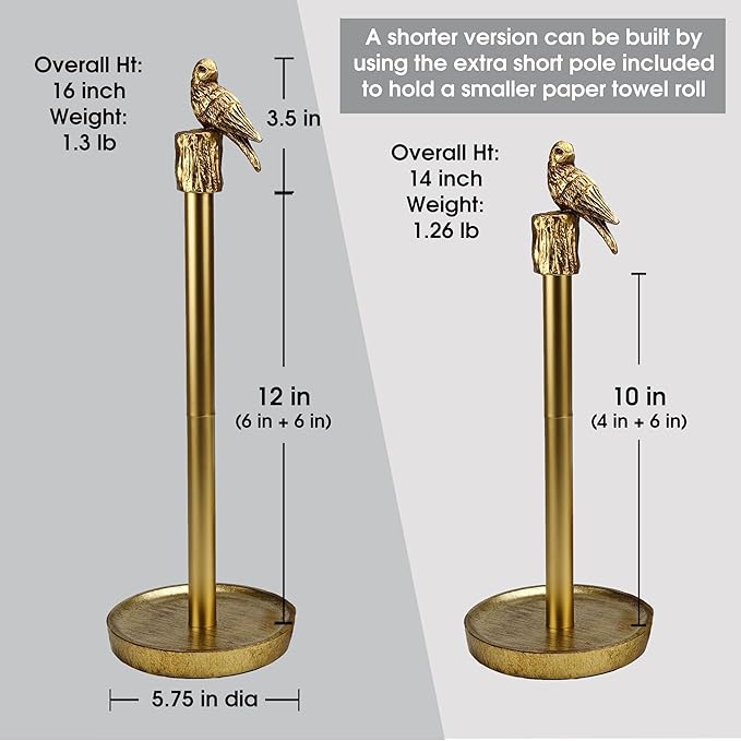 Paper Towel Holder Countertop, Gold Paper Towel Stand with Bird Design Top
