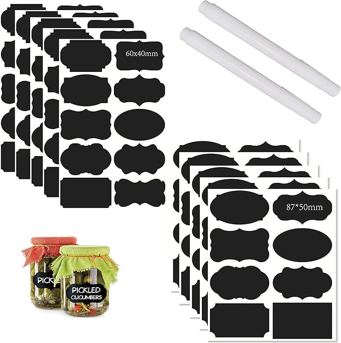 Chalkboard Labels for Food containers, 180 Pcs Label Stickers with 2 White Liquid Chalk Markers, 11 Assorted Shapes in 2 Sizes Bottle Labels for Jars, Storage Bins