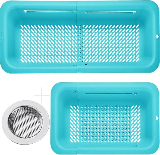 LASSHSWA Collapsible Colander and Strainer for Kitchen, Over the Sink Strainer Basket for Kitchen, Fruit Pasta Food Strainer Expandable Plastic Colander (Blue)