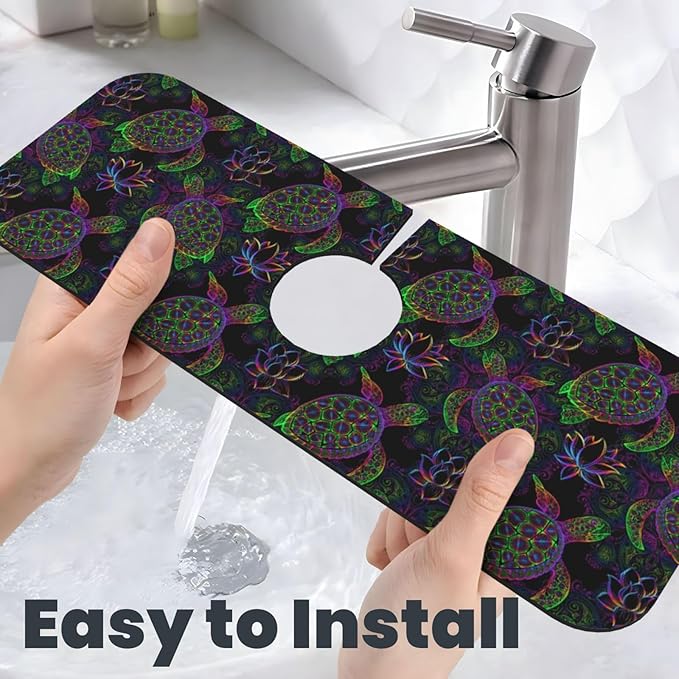 Sea Turtle Psychedelic Mandala Boho Colors 15" X 5.5" Kitchen Sink Splash Guard Faucet Faucet Guard Draining Mat Sink Splash Guard Faucet Kitchen Bathroom